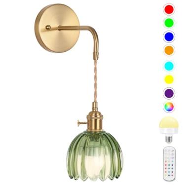 Imagem de EIDEARAY Arandela de parede vintage, arandela de parede operada por bateria com abajur de vidro tulipa verde profundo, arandelas de parede internas não conectadas com controle remoto, lâmpada de