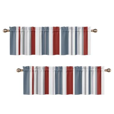 Imagem de Uiiooazy Sanefas listradas para janelas, azul, vermelho, cinza, branco, listras, cozinha, quarto, sala de estar, banheiro, geométrico, tratamentos de janela pequena, 2 painéis, 106,7 x 30,5 cm