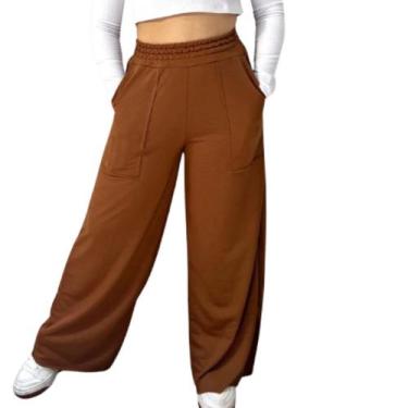 Imagem de Calça Pantalona Wide Leg Vekyo Cintura Alta Flare Moletinho Moda Casua