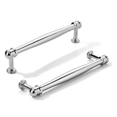 Imagem de khtumeware Pacote com 2 puxadores de armário cromados polidos centrais de 6 polegadas (152 mm), alça sólida para armário de cozinha resistente, ferragens de armário para penteadeira, puxador de