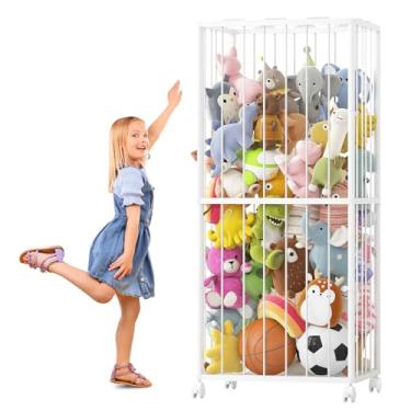 Imagem de Fixwal Armazenamento de animais de pelúcia, tubo de metal extragrande, organizador de brinquedos e armazenamento de animais de pelúcia com faixa elástica e rede 150 x 50 x 40 cm, branco