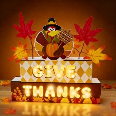 Imagem de Placa de mesa de Ação de Graças, decoração de outono, bloco de madeira com luzes, folhas de bordo artificiais para decoração de outono de mesa interna