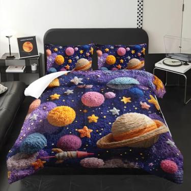 Imagem de lneffble Conjunto de cama casal com tema galáxia rosa e puple para crianças