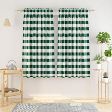 Imagem de Cortinas xadrez Buffalo 114,3 cm de comprimento, algodão, caveira, xadrez, cozinha, janela, painéis, sala de estar, quadriculado, quarto, bolso para varão, tratamento de janela, 2 painéis, verde