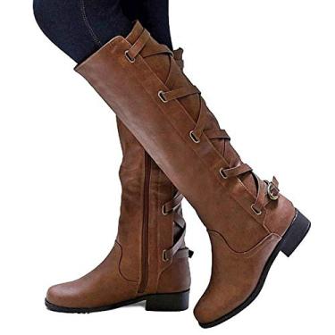 Imagem de Bigfanshu Botas femininas de couro na altura do joelho moda alça cruzada inverno salto baixo longo lateral ocidental fivela com zíper, Marrom, 9.5