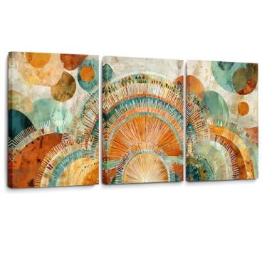 Imagem de Conjunto de 3 arte de parede Boho Sunrise - Impressões em tela abstratas modernas de meados do século | Arte geométrica de terracota laranja queimada e azul-petróleo para sala de estar quarto tríptico