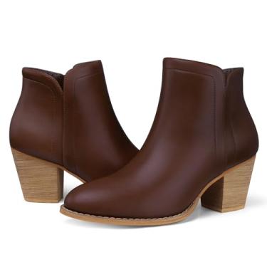 Imagem de SHIBEVER Salto feminino de cano alto: salto baixo grosso bico amêndoa botas curtas com zíper vestido camurça sintética sapatos ocidentais outono 2025, Marrom escuro PU, 38