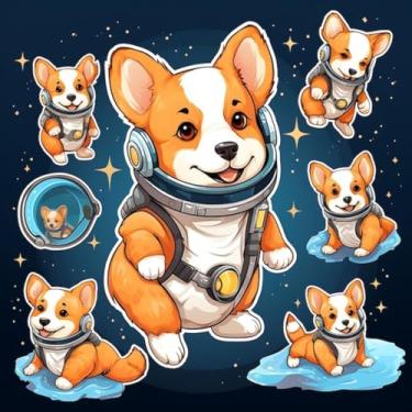 Imagem de Adesivo de Parede Infantil Animais Espaciais Corgi Astronauta Decorativo para Quarto e Cadernos 50x50cm