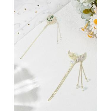 Imagem de 2 peças 2 estilos de grampos de cabelo metálicos, bastões de cabelo esmaltados de liga, pauzinhos vintage em forma de leque e cauda de sereia para mulheres em festas, casamentos, celebrações, 17 cm