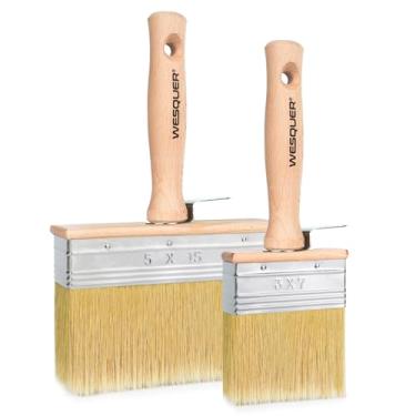 Imagem de Wesquer Pincel para manchas de deck 2 peças pincel de tinta para lavagem de cal, pincéis de madeira para manchas de madeira, cercas, revestimentos de móveis, projetos de interiores e exteriores