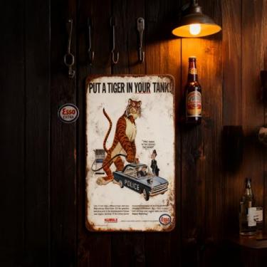 Imagem de 1 peça placa de lata vintage pôster de metal retrô - tigre e carro de polícia posto de gasolina publicidade humilde, decoração de arte de parede de bar de garagem americana, branco, 30 x 15 cm