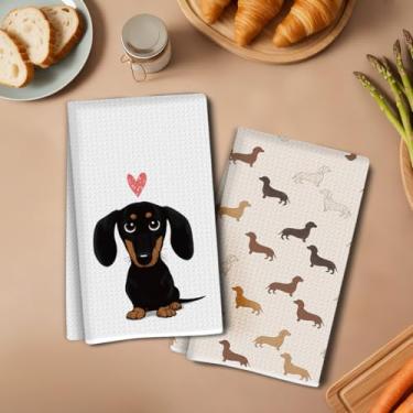 Imagem de 2 peças de toalhas de cozinha fofas de dachshund 35 x 61 cm, toalha de prato decorativa de microfibra absorvente, toalhas de chá de waffle para cozinha, casa, banheiro, presentes para amantes de cães