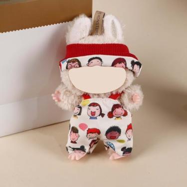 Imagem de Compatível com Labubu 15 cm/17 cm (sem boneca) - Chapéu e macacão com desenhos animados com acabamento vermelho, acessórios de roupas de boneca