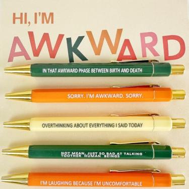 Imagem de 5 canetas engraçadas AWKWARD, caneta personalizada com citações hilárias, canetas de uso diário hilárias, presentes de humor de escritório, tinta preta, ponta média de 1,0 mm (HI, I'm AWKWARD)