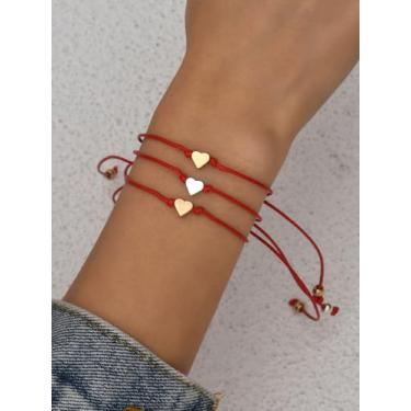 Imagem de Conjunto de pulseiras de cordão vermelho para mulheres, pulseiras de amizade com pingente de coração ajustável, presente de joias para casais com corda da sorte