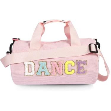 Imagem de Bolsa de balé de dança para meninas, esportiva, academia, bolsas de viagem noturnas, bolsa divertida de veludo cotelê e letras de chenille para dançarinos, rosa, Bolsa de dança