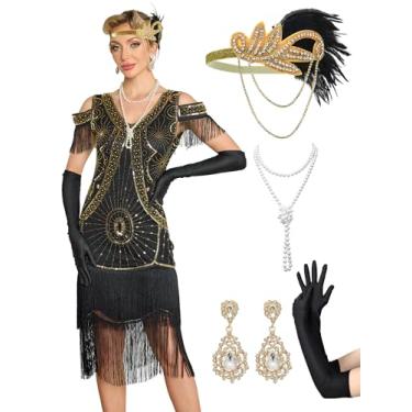 Imagem de RRYIO Vestidos grandes Gatsby para mulheres, vestidos melindrosa anos 20, fantasias dos anos 20 com acessórios dos anos 20 (ouro preto, 2GG)