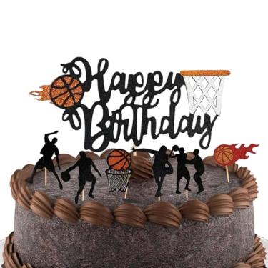 Imagem de 7PCS Basketball Happy Birthday Cake Topper Set, Black and Orange Glitter Sports Cake Toppers with Player and Hoop, Dynamic Basketball Dessert Picks Party Decorations for Boys