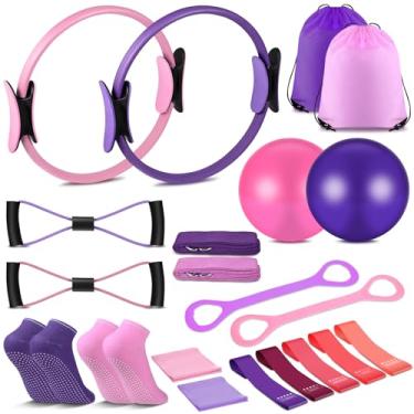 Imagem de Conjunto de 21 peças de anel de pilates, kit de equipamento de pilates para mulheres, equipamento de pilates, conjunto de equipamento de treino em casa, inclui anel de ioga de 21 cm, alça de