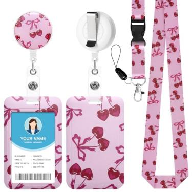 Imagem de Soleebee Porta-crachá de identificação com cordão, lindas cerejas com laços, crachás de identificação e cordão destacável, chaveiro retrátil, carretel de crachá resistente para enfermeiras, estudantes