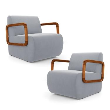 Imagem de Kit 02 Poltronas Decorativas Orgânica Living Kavya Veludo Cinza Claro - Desk Design