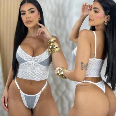 Imagem de Conjunto Cropped Renda Sem Bojo Confortável Calcinha Fio Dental - Like