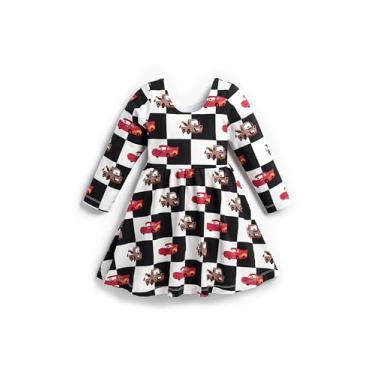 Imagem de MONICA + ANDY Vestidos para bebês meninas, Carros no tabuleiro xadrez carvão, 2 Anos