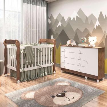 Imagem de Quarto de Bebê Taís Berço 3 em 1 Lila Cômoda Infantil 4 Gavetas com Porta Amadeirado Carolina Baby