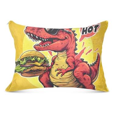 Imagem de Capa de travesseiro vermelho dinossauro hamburguer amarelo felpudo com zíper fronhas tamanho queen king size fronhas longas para cama, tamanho padrão, 51 x 66 cm