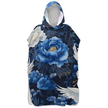 Imagem de Joisal Poncho de surfe para trocador de roupas de banho de praia com capuz leve aquarela guindaste peônia azul homens mulheres poncho com capuz