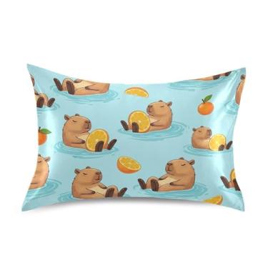 Imagem de Lindas fronhas de cetim capivaras laranjas estampa refrescante King Queen padrão fronhas design de chinelos para pele de acne tamanho padrão 66 cm x 50 cm