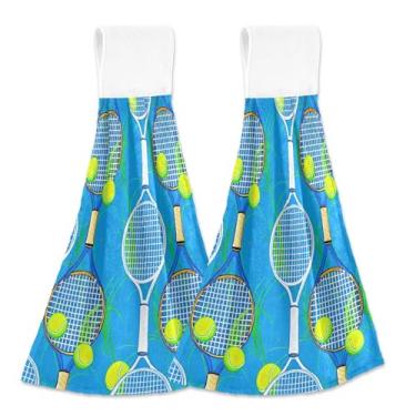 Imagem de Toalhas de mão azuis bola de tênis com laço para pendurar toalhas de dedo de forno ultra absorventes conjunto de 2, decoração de cozinha moderna personalizada 18,2 x 14 polegadas