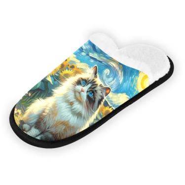 Imagem de Joisal Pantufas femininas com várias pernas em um mapa antigo, sapatos de casa, chinelos de viagem portáteis masculinos com bolsa de armazenamento, Girassóis de gato estrelado, 5-8 US Women/5-8 US Men