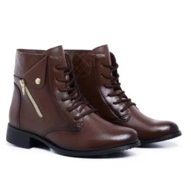 Imagem de Bota Feminina Casual Detalhe Zíper Lateral e Cadarço Coturno Confortável Elegante Costura Salto Baixo Moda Inverno (1, Marrom, Padrão, BR, Adulto, Numérico, 35)