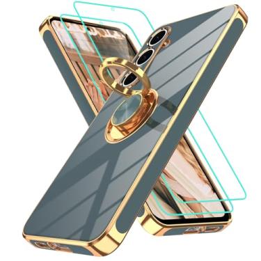 Imagem de Gritup Capa para Samsung Galaxy S24 FE | 2 peças protetoras de tela | Suporte magnético de rotação de 360°, capa protetora à prova de choque de TPU macio com borda dourada banhada a ouro para S24 FE