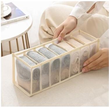 Imagem de Organizador de gavetas, divisória de malha dobrável com 7 compartimentos para maquiagem, roupas íntimas e gadgets, armazenamento versátil para quarto, escritório e viagens, bege
