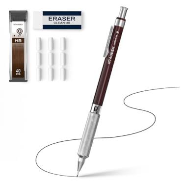 Imagem de STAGEEK Lapiseira de 0,9 mm, lápis de arte em metal e desenho com borracha e refis de grafite de 40 HB, lápis de desenho profissional para artistas, estudantes, escola, escritório, escrita, esboço