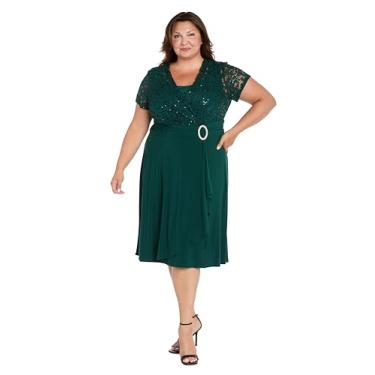 Imagem de R&M Richards Vestido feminino elegante de renda com lantejoulas | Decote em V franzido na cintura até o joelho vestido evasê com fivela, Pinheiro, 46