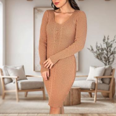 Imagem de Vestido Curto Tricot Manga Longa Tranças Cor:nude;tamanho:u