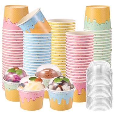 Imagem de Jingmore Copos de papel de sorvete de 40 unidades com tampas transparentes sem furos, copos de sobremesa descartáveis a granel, tigelas de sobremesa, recipientes de sudae para lanche, sopa de iogurte