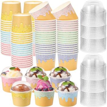 Imagem de Jingmore Pacote com 60 copos de papel para sorvete com tampas, tigelas de sorvete descartáveis de 113 g, copos de sobremesa, recipiente de bolo de 5 cores para lanche para comida quente ou fria