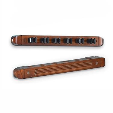 Imagem de U5GAAALPPQ9 Suporte de madeira para taco de bilhar montado na parede Suporte para vara de pesca com clipes para 6 tacos de sinuca para bares de piscina, clubes, jogadores de bilhar