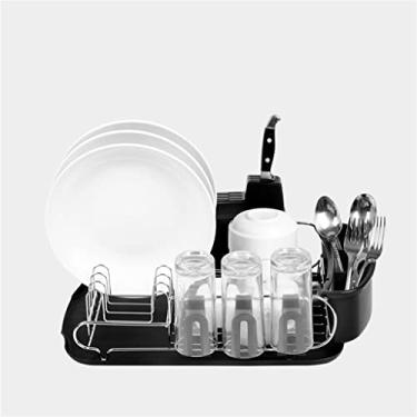 Imagem de Escorredor de pratos de cozinha de aço inoxidável com placa de drenagem preta, suporte independente para copos