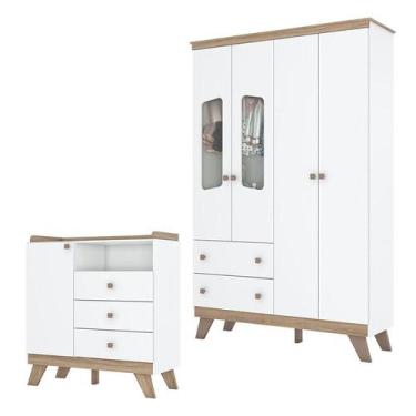 Imagem de Cômoda e Guarda Roupa Infantil Confete Branco Brilho Jequitibá HP - He
