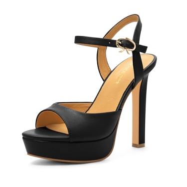 Imagem de Heisnemca Sandálias femininas de salto plataforma grosso com tira no tornozelo, sandálias de salto aberto, sandálias confortáveis para festas de casamento, Preto fosco, 40