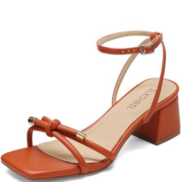 Imagem de SLXCHBSL Sandália feminina salto bloco bico quadrado design nó fivela no tornozelo elegante bico aberto salto baixo 5 cm sandálias para festa de casamento, Marrom, 37