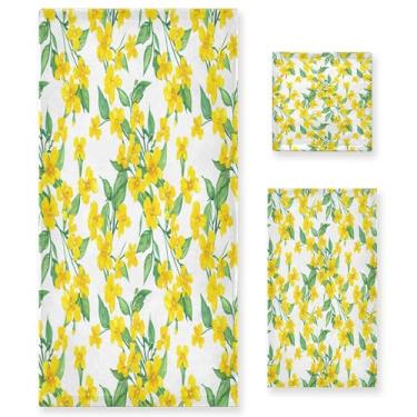 Imagem de xigua Conjunto de toalhas de banheiro de flores amarelas absorvente macio toalha de banho de 3 peças toalha de mão toalhas decorativas para banheiro, academia, hotel, praia, piscina