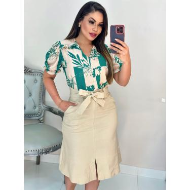 Imagem de Saia Midi Evasê Bege Tecido Bengaline - Vilma Valentti