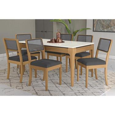 Imagem de Sala Jantar Mesa Mira Premium Madeira Maciça c/ Tampo Madeirado c/ Vidro 160x90cm e 6 Cadeiras Lola Carvalho/Off White - Boucle Chumbo - Kappesberg