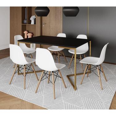Imagem de Mesa Jantar Industrial Retangular 137X90Cm Preta Base V Dourada Com 6 Cadeiras Madeira Cor: Preto